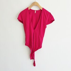 Free People Intimately Fuchsia Cap Sleeve Deep V-Neck Bodysuit Women's Size S